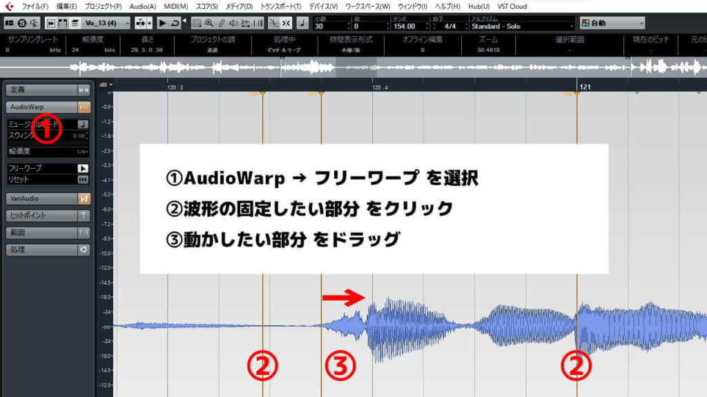 【Cubase】 ①AudioWarp → フリーワープを選択 ②波形の固定したい部分をクリック ③動かしたい部分をドラッグ